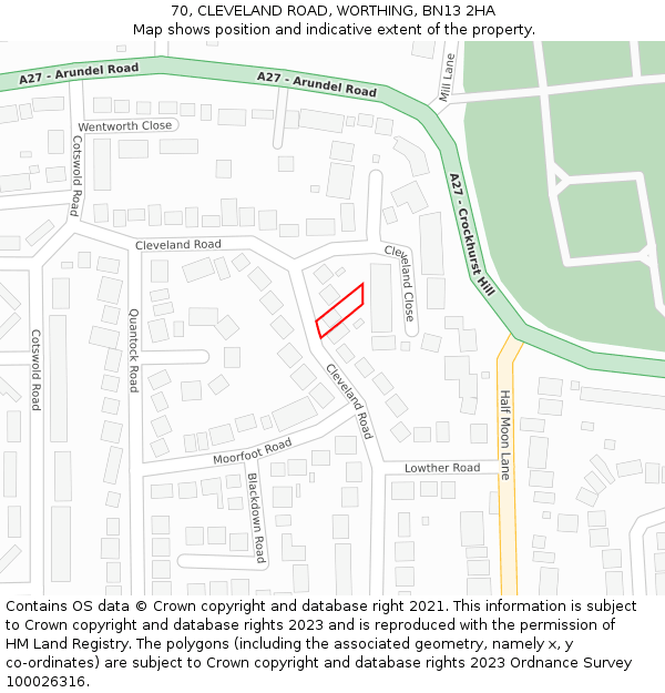 70, CLEVELAND ROAD, WORTHING, BN13 2HA: Location map and indicative extent of plot