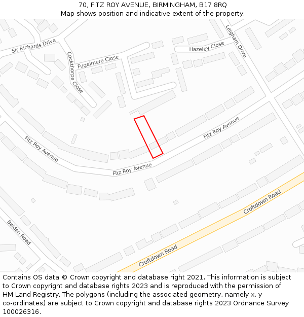 70, FITZ ROY AVENUE, BIRMINGHAM, B17 8RQ: Location map and indicative extent of plot