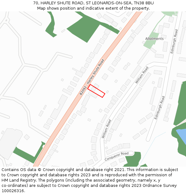 70, HARLEY SHUTE ROAD, ST LEONARDS-ON-SEA, TN38 8BU: Location map and indicative extent of plot