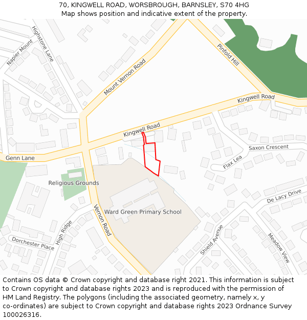 70, KINGWELL ROAD, WORSBROUGH, BARNSLEY, S70 4HG: Location map and indicative extent of plot