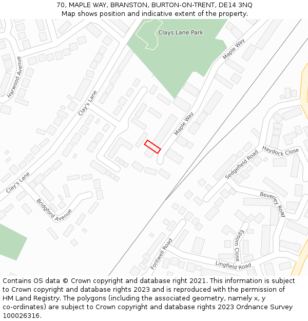 70, MAPLE WAY, BRANSTON, BURTON-ON-TRENT, DE14 3NQ: Location map and indicative extent of plot