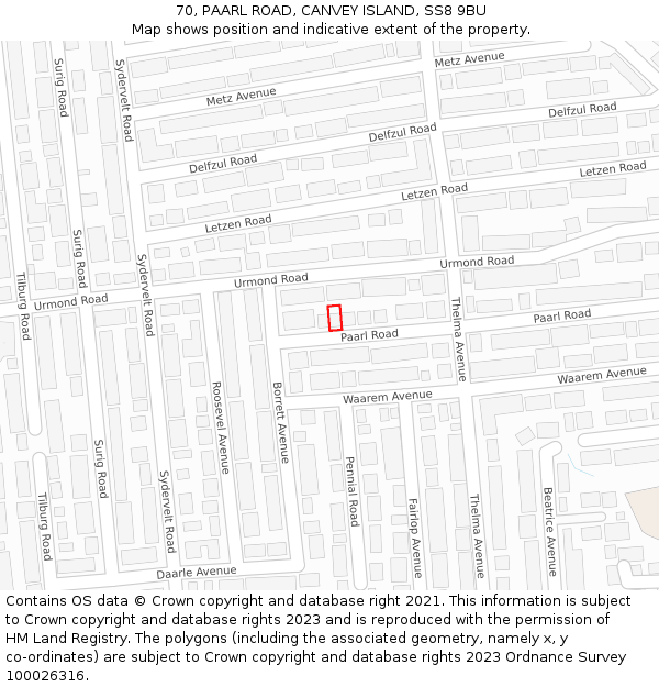 70, PAARL ROAD, CANVEY ISLAND, SS8 9BU: Location map and indicative extent of plot