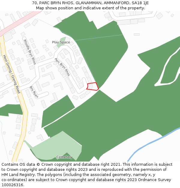 70, PARC BRYN RHOS, GLANAMMAN, AMMANFORD, SA18 1JE: Location map and indicative extent of plot