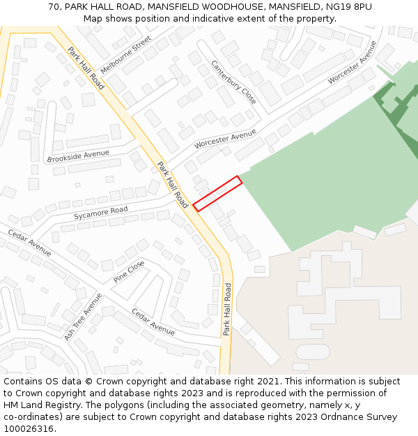 70, PARK HALL ROAD, MANSFIELD WOODHOUSE, MANSFIELD, NG19 8PU: Location map and indicative extent of plot