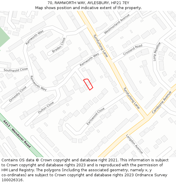 70, RAMWORTH WAY, AYLESBURY, HP21 7EY: Location map and indicative extent of plot