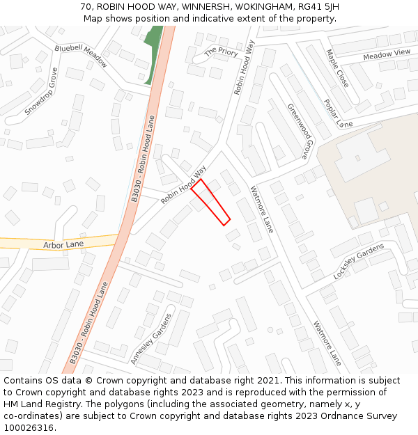 70, ROBIN HOOD WAY, WINNERSH, WOKINGHAM, RG41 5JH: Location map and indicative extent of plot