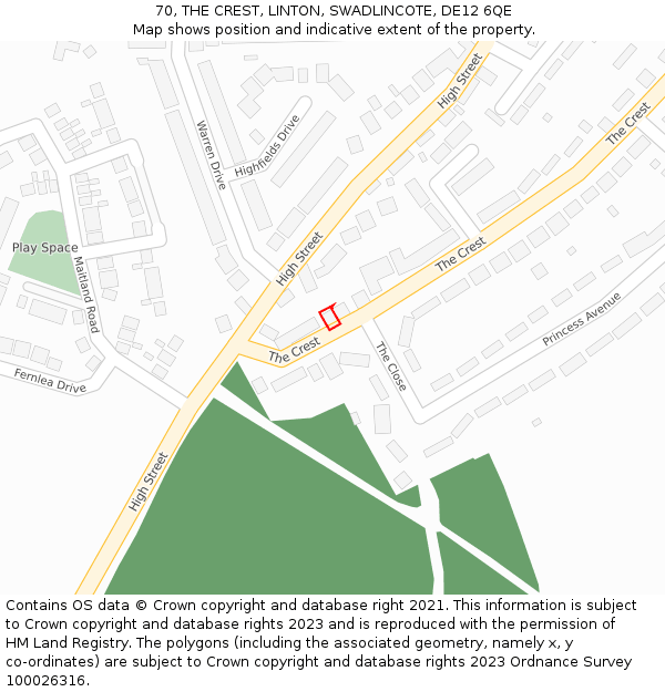 70, THE CREST, LINTON, SWADLINCOTE, DE12 6QE: Location map and indicative extent of plot