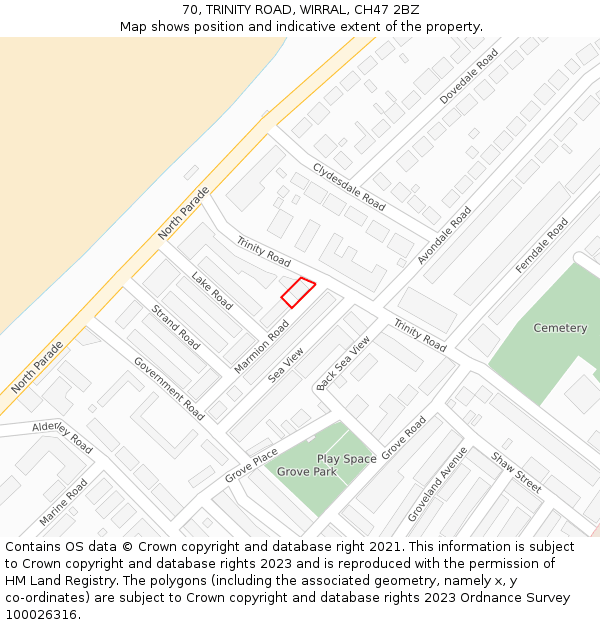 70, TRINITY ROAD, WIRRAL, CH47 2BZ: Location map and indicative extent of plot