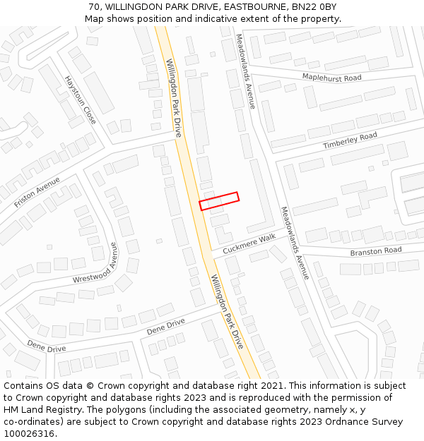 70, WILLINGDON PARK DRIVE, EASTBOURNE, BN22 0BY: Location map and indicative extent of plot