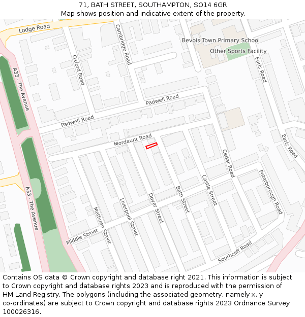 71, BATH STREET, SOUTHAMPTON, SO14 6GR: Location map and indicative extent of plot