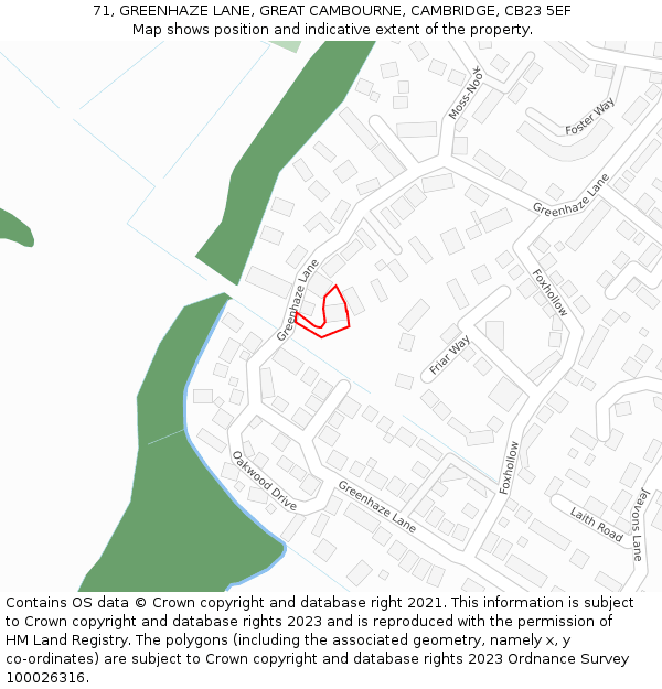 71, GREENHAZE LANE, GREAT CAMBOURNE, CAMBRIDGE, CB23 5EF: Location map and indicative extent of plot