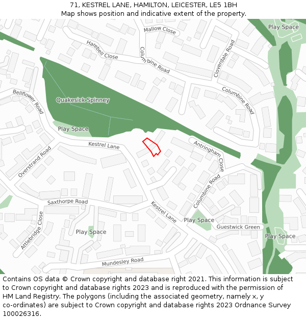 71, KESTREL LANE, HAMILTON, LEICESTER, LE5 1BH: Location map and indicative extent of plot