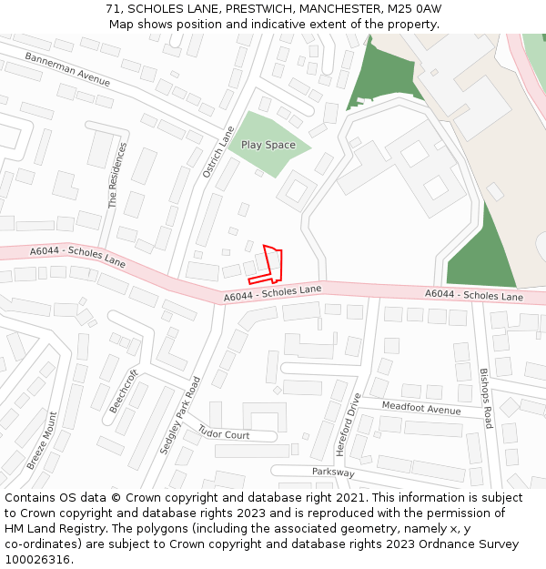 71, SCHOLES LANE, PRESTWICH, MANCHESTER, M25 0AW: Location map and indicative extent of plot