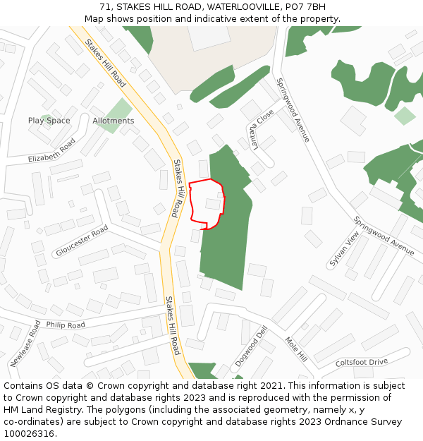 71, STAKES HILL ROAD, WATERLOOVILLE, PO7 7BH: Location map and indicative extent of plot