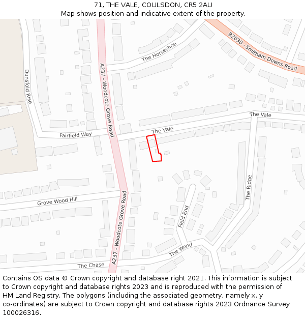 71, THE VALE, COULSDON, CR5 2AU: Location map and indicative extent of plot