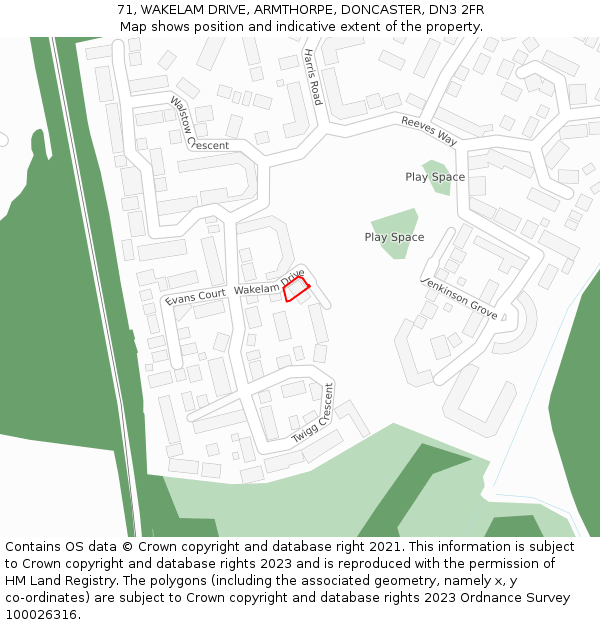 71, WAKELAM DRIVE, ARMTHORPE, DONCASTER, DN3 2FR: Location map and indicative extent of plot