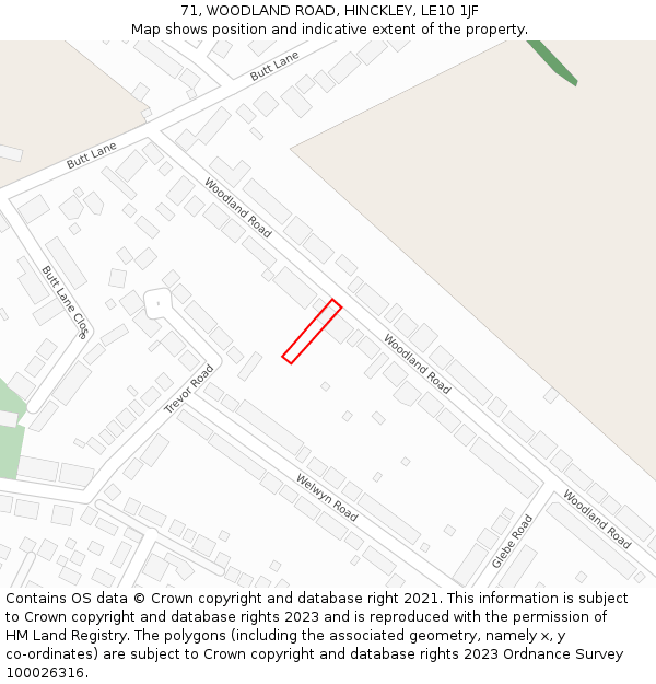 71, WOODLAND ROAD, HINCKLEY, LE10 1JF: Location map and indicative extent of plot