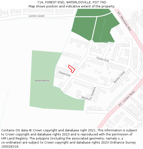 71A, FOREST END, WATERLOOVILLE, PO7 7AD: Location map and indicative extent of plot