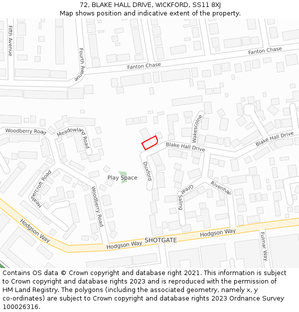 72, BLAKE HALL DRIVE, WICKFORD, SS11 8XJ: Location map and indicative extent of plot