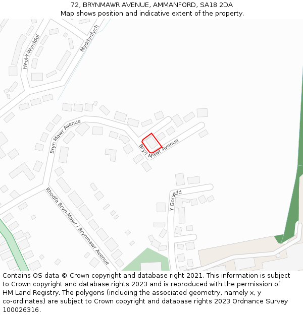 72, BRYNMAWR AVENUE, AMMANFORD, SA18 2DA: Location map and indicative extent of plot