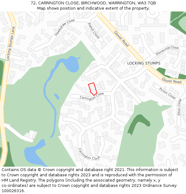 72, CARRINGTON CLOSE, BIRCHWOOD, WARRINGTON, WA3 7QB: Location map and indicative extent of plot