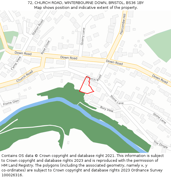 72, CHURCH ROAD, WINTERBOURNE DOWN, BRISTOL, BS36 1BY: Location map and indicative extent of plot