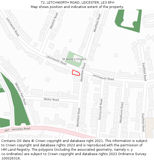 72, LETCHWORTH ROAD, LEICESTER, LE3 6FH: Location map and indicative extent of plot