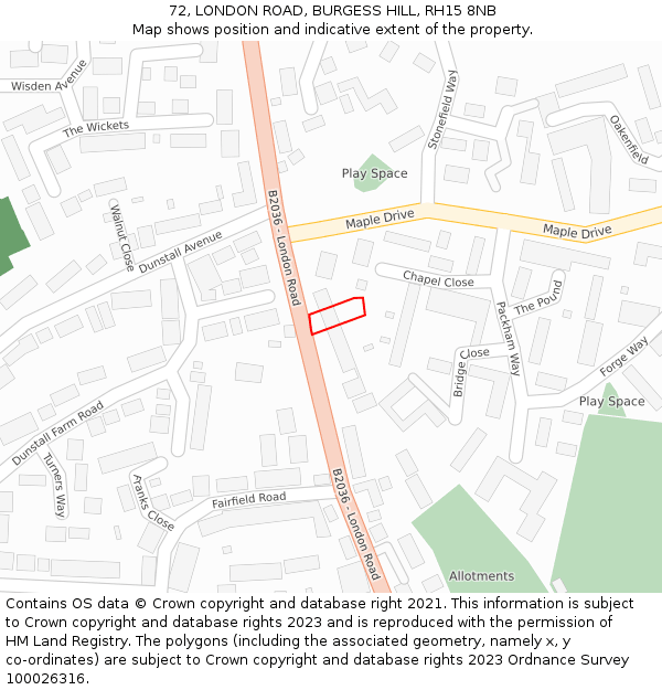 72, LONDON ROAD, BURGESS HILL, RH15 8NB: Location map and indicative extent of plot