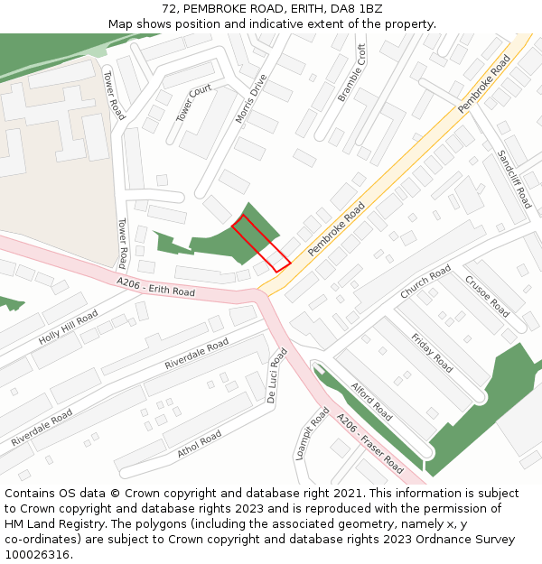 72, PEMBROKE ROAD, ERITH, DA8 1BZ: Location map and indicative extent of plot