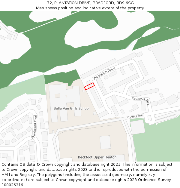 72, PLANTATION DRIVE, BRADFORD, BD9 6SG: Location map and indicative extent of plot