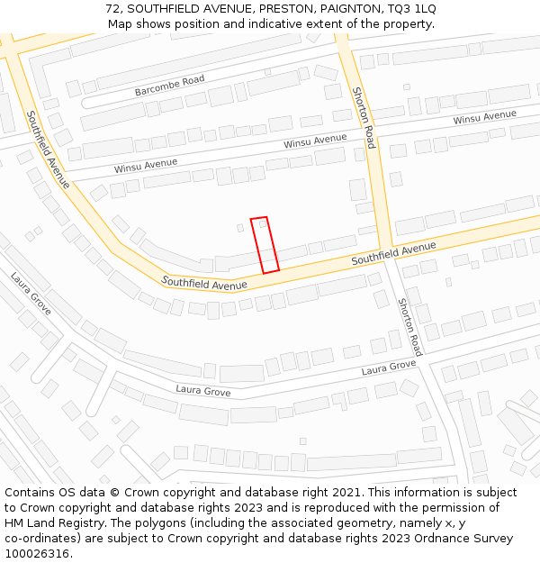 72, SOUTHFIELD AVENUE, PRESTON, PAIGNTON, TQ3 1LQ: Location map and indicative extent of plot