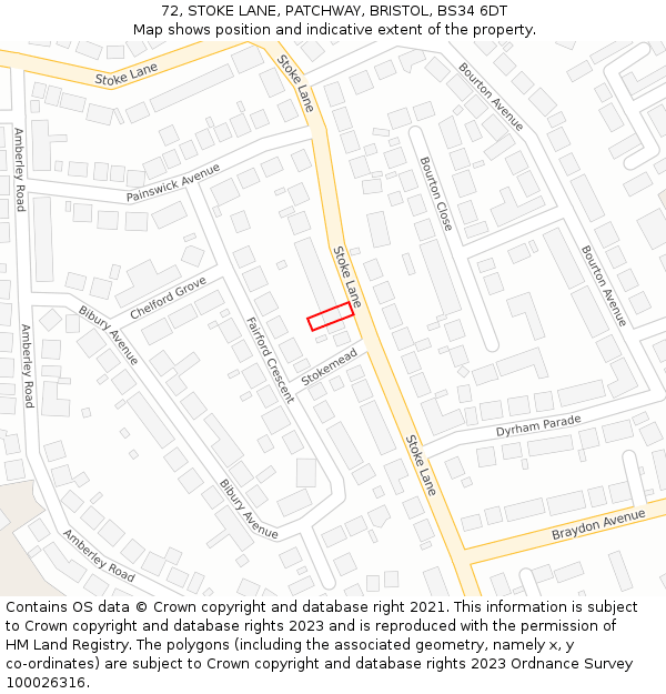 72, STOKE LANE, PATCHWAY, BRISTOL, BS34 6DT: Location map and indicative extent of plot