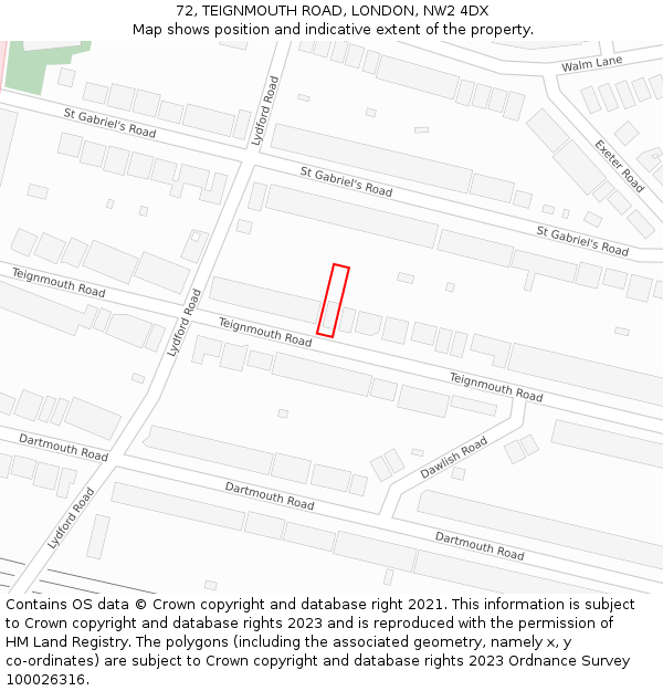 72, TEIGNMOUTH ROAD, LONDON, NW2 4DX: Location map and indicative extent of plot