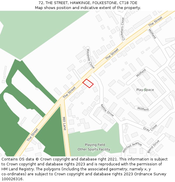 72, THE STREET, HAWKINGE, FOLKESTONE, CT18 7DE: Location map and indicative extent of plot