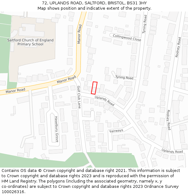 72, UPLANDS ROAD, SALTFORD, BRISTOL, BS31 3HY: Location map and indicative extent of plot