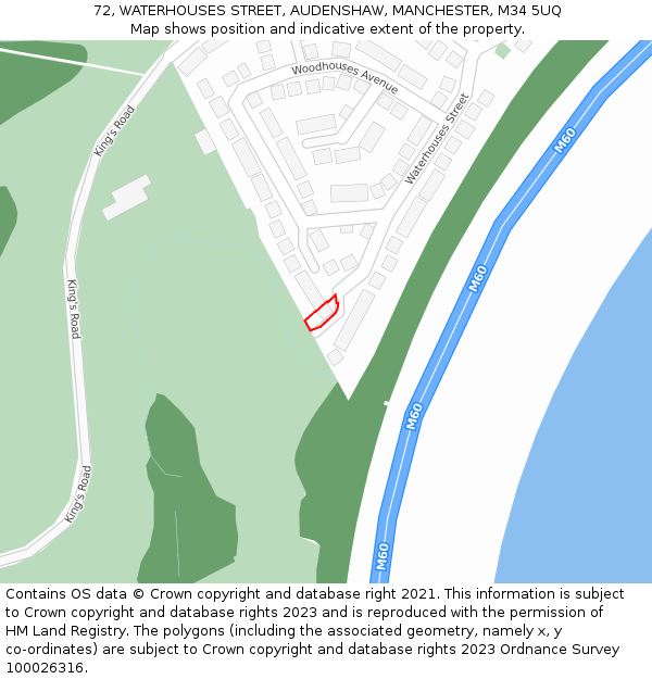 72, WATERHOUSES STREET, AUDENSHAW, MANCHESTER, M34 5UQ: Location map and indicative extent of plot