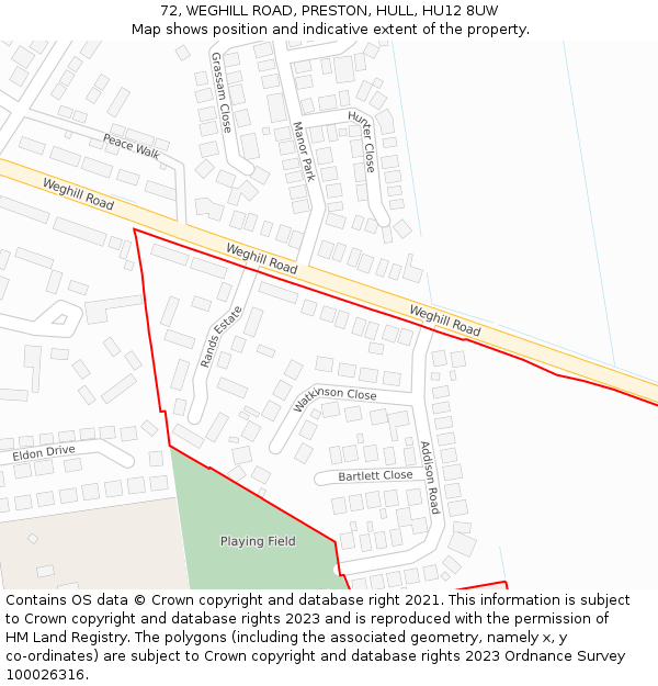 72, WEGHILL ROAD, PRESTON, HULL, HU12 8UW: Location map and indicative extent of plot