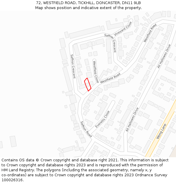 72, WESTFIELD ROAD, TICKHILL, DONCASTER, DN11 9LB: Location map and indicative extent of plot