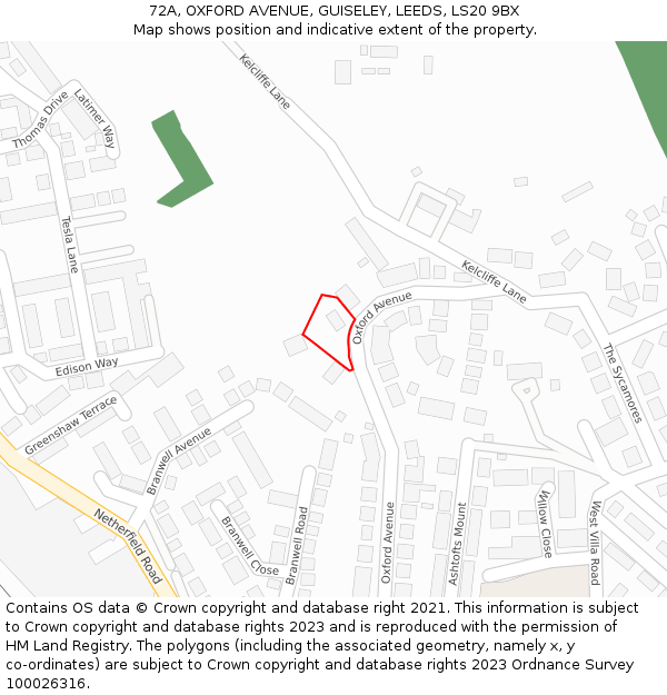 72A, OXFORD AVENUE, GUISELEY, LEEDS, LS20 9BX: Location map and indicative extent of plot