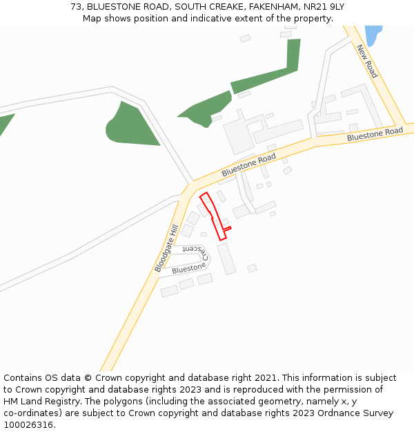 73, BLUESTONE ROAD, SOUTH CREAKE, FAKENHAM, NR21 9LY: Location map and indicative extent of plot