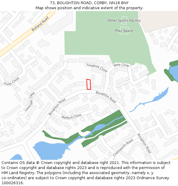 73, BOUGHTON ROAD, CORBY, NN18 8NY: Location map and indicative extent of plot