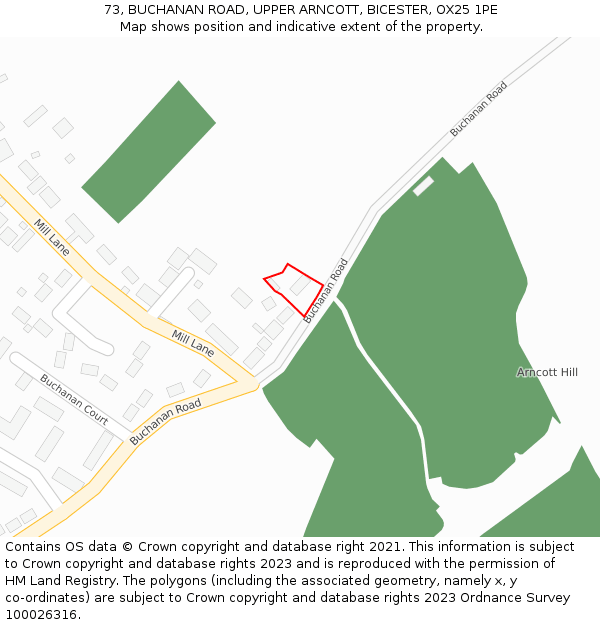 73, BUCHANAN ROAD, UPPER ARNCOTT, BICESTER, OX25 1PE: Location map and indicative extent of plot