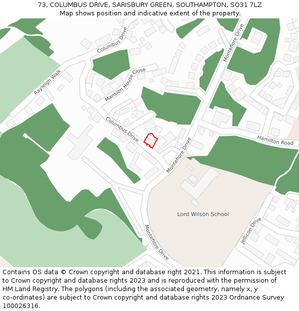 73, COLUMBUS DRIVE, SARISBURY GREEN, SOUTHAMPTON, SO31 7LZ: Location map and indicative extent of plot