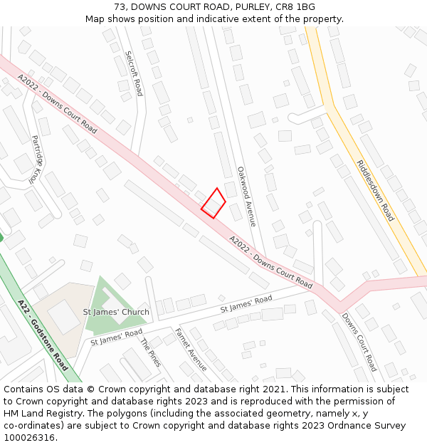 73, DOWNS COURT ROAD, PURLEY, CR8 1BG: Location map and indicative extent of plot