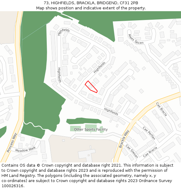 73, HIGHFIELDS, BRACKLA, BRIDGEND, CF31 2PB: Location map and indicative extent of plot