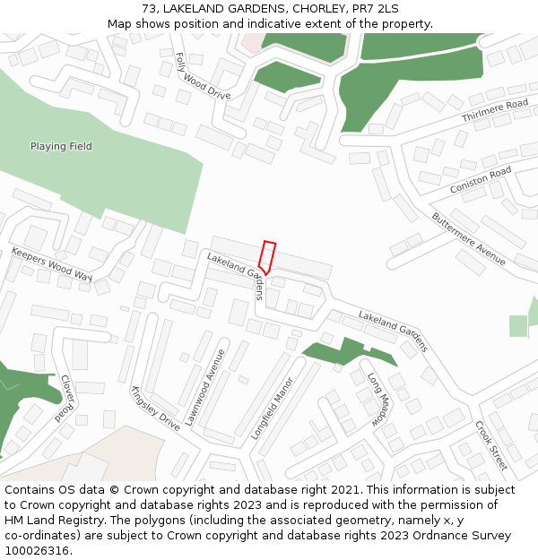 73, LAKELAND GARDENS, CHORLEY, PR7 2LS: Location map and indicative extent of plot