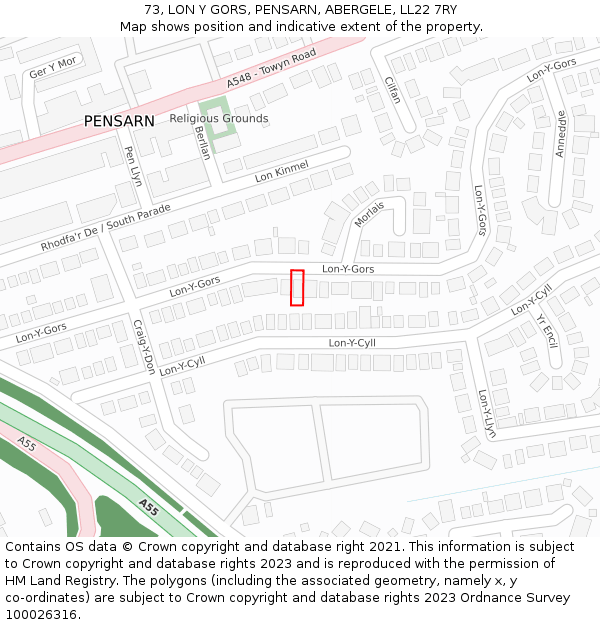 73, LON Y GORS, PENSARN, ABERGELE, LL22 7RY: Location map and indicative extent of plot