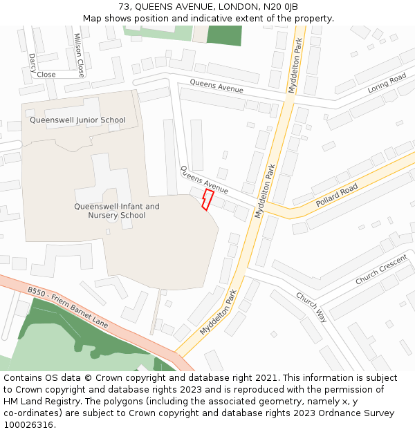 73, QUEENS AVENUE, LONDON, N20 0JB: Location map and indicative extent of plot