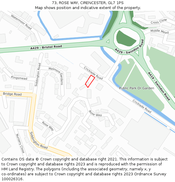 73, ROSE WAY, CIRENCESTER, GL7 1PS: Location map and indicative extent of plot