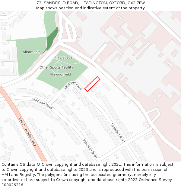 73, SANDFIELD ROAD, HEADINGTON, OXFORD, OX3 7RW: Location map and indicative extent of plot